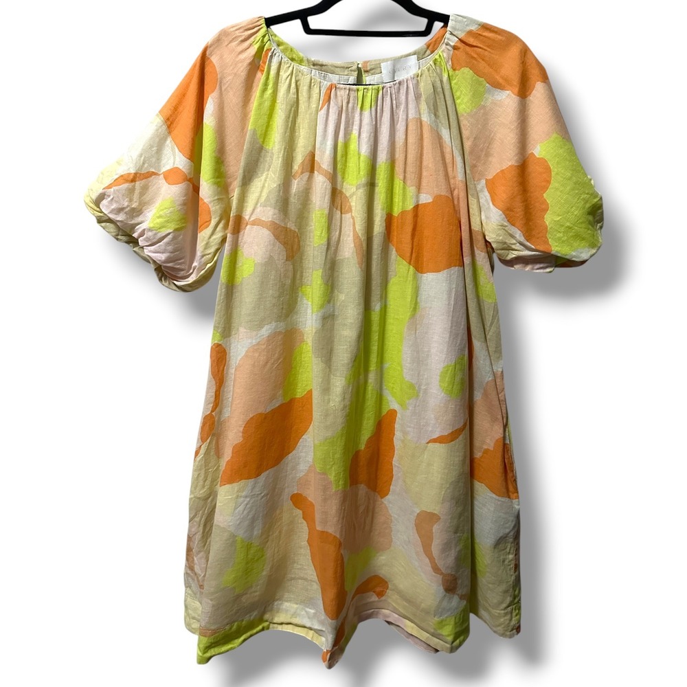 Every Abstract Floral Linen Blend Puff Sleeve Mini Dress M Boho Retro Coastal - Picture 2 of 11